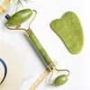 100 Sätze DHL-Lieferung 2-in-1-Set Grüner natürlicher Jade-Roller GuaSha Gua Sha-Schaber Werkzeuge Kunsthandwerk Stein-Gesichtsmassagegerät für Nacken-Rücken-Kiefer-Hautpflege-Lifting