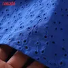 Tangada Women Blue Embroidery Romantic Cotton Blouse Shirt Backless Ruffles Sleeve Chic Female Shirt Tops 6H81 210609