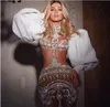 Vestido de noite Yousef aljasmi Zuhair murad Myriam fares Gola alta Manga longa bufante Bainha de cristal prateado Sereia Apliques de renda branca Kim kardashian Kylie jenner