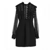 Runway Patchwork Black Lace Autumn Women's Long Sleeve Flower Embroidery Crochet Hollow Out Mini Dress 210416