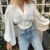 Vintage Women Oversize Satin Shirts Summer Fashion Ladies V Neck Chic Tops Loose Female Stylish Shirt Girls Casual 210527