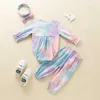 Lilla småbarnsflickor Spring Outfit Mjukt bomull Stickad långärmad Ruffles Top och Byxor 2st Kläder Set + Headband 210529