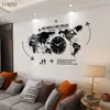 Grande taille noir carte du monde mur acrylique créatif salon lumineux Style européen décoration de la maison horloge 210414