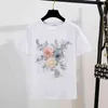 Summer Women 2 Piece Sets Ricamo 3D Flower T-shirt Pantaloncini di jeans Set di pantaloncini con perline vintage 210331
