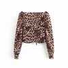 Fall Sexy Vintage Leopard Print Low-Cut Square Neck Tie Slim Lange mouwen Crop Tops Bottoming Shirts Blouses voor Vrouwen 210508