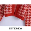 KPYTOMOA Women Fashion Houndstooth Crop Open Knit Cardigan Sweater Vintage O Neck Långärmad Kvinnlig Ytterkläder Chic Toppar 211011