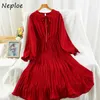 Neploe Doll Collar Lace Up Bow Design Sweet Dress Women High Waist Hip A Line Draped Vestidos Pullover Long Sleeve Solid Robe 210423