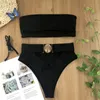 GNIM High Waist Hollow Out Swimsuit Women Push Up Bikini Swimwear 2021 Bandeau Buckle Bathing Suit Two Pieces Solid