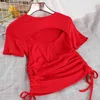 Kimutomo o pescoço manga curta t-shirt feminino verão coreano moda meninas oca out cordão selvagem sólido tops casual 210521