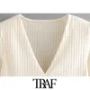 TRAF Women Fashion With Shoulder Pads Snap-button Bodysuit Vintage V Neck Long Sleeve Female Playsuits Chic Tops 210415