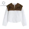 Blouses blanches à manches longues pour femmes Imprimé floral Patchwork Col châle Chemises coréennes élégantes Dames Lâche Élégant Blusas Top 210417