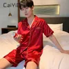 Caiyier verão homens cetim gelo seda pijama de manga curta shorts conjunto sólido cor casual tamanho grande rayon pijama l-5xl 210812