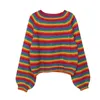 Корейский радуга вязаный свитер Женщины взлетно-посадочные перемычки Свободные женские Одежда Осень Plus Размер Повседневная Женская Лучшие Пуловеры 210805
