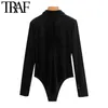 TRAF Women Chic Fashion Button-up Pleated Velvet Bodysuits Vintage Lapel Collar Long Sleeve Female Playsuits Chic Tops 210415