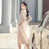 Stitching Fake Two Pieces of Medium-length Inner Mesh Dress Woman Party Elegant es for Women Knit Bottom 13275 210508