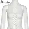 Missakso Lace Up Bandage Top Streetwear Party Summer Y2K White Women Sexy O Neck Tlee Backless Tops 210625