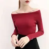 ファッション女性長袖セーターカジュアルスラッシュネックプルオーバー固体厚いセーター女性スリムセクシーコットンキンティングトップ210514