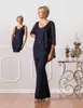 Blue Vintage Navy Formal Mother of Bride Groom Pant Blouse Suits with Jacket Crew Long Sleevs New Plus Size Evening Dresses