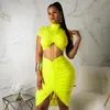 Green Yellow Sexy Two Piece dresses Set Women Turtleneck Short Sleeve Crop Top Pleated Bodycon Dress Tracksuit Club Outfit7972042