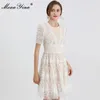 Fashion Designer dress Summer Women's Dress O-neck Short sleeve Lace Splicing Embroidered Elegant white Mini 210524