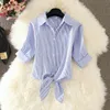 Summer Moda Kobieta Krótki Rękaw Plaża Cienki Koszulki przeciwsłoneczne Kobiety Casual Stripe Koszula Blusa Bluzka Plus Rozmiar S-4XL 210423