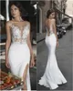 Sexig sida Split Bröllopsklänningar Strand Lace Appliques Illusion Beach Bridal Dress Satin Bohemian Bröllop Formell Gown Sheath Bröllopsklänningar