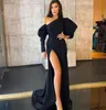 Sexy Black Evening Dresses Mermaid Puffy Long Sleeves Split Satin Formal Party Prom Gowns Pleats 2022 Designer Celebrity Dress