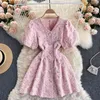 Korean Fashion Women Spring Summer Dress Chic V-neck Puff Short Pearl Buttons Floral Hollow Out Back A-line 210603