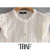 TRAF Femmes Mode Broderie Effilochée Garnitures Blouses À Volants Vintage Sans Manches Boutonné Chemises Femmes Blusas Chic Tops 210415