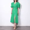 Elegante vestido verde para mujer N cuello Puff manga corta ahueca hacia fuera túnica Maxi vestidos mujer verano moda 210520