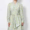 Green Vintage Print Dress For Women Stand Collar Long Sleeve High Waist Lace Up Bowknot Maxi Dresses Female Fashion 210520