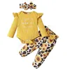 Set di abbigliamento per bambini Completi per ragazze Infantile manica volante lettera Top + fiore di girasole floreale Stampa leopardata Pantaloni + Fascia per capelli 3 pezzi / set Primavera Autunno Vestiti per bambini