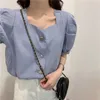 PERHAPS U Damen Solid Shirt Blau Slash Neck Kurzarm Knopf Frühling Sommer Puffärmel Violett B0652 210529