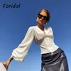 Foridol Lantern Sleeve White Blouse Tops V Neck Button Up Crop Spring Autumn French Style Casual Shirts 2021 Women's Blouses &