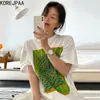 Korejpaa Femmes T-shirt Corée Chic Été Loisirs O-cou Abstrait Lettre Impression Conception Lâche Sauvage À Manches Courtes Tee Top 210526