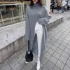 Casual Frente Split Punto Jerseys para mujeres Cuello alto Manga larga Suelto Gris Suéter Moda Femenina 210524