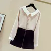 Höst Koreanska V-Neck Solid Kvinnor T-shirts Vintage Chiffon Blouse Långärmad Peter Pan Collar Beading Kläder Blusas 11143 210508
