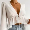 flare sleeve white chiffon blouse shirts women autumn winter v neck ruffle pelpum sheer crop tops tie front top 210427