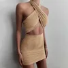Vrouwen Halter Mini Jurk Zomer Effen Ruches Koord Lace Up Hollow Out Bodycon Sexy Party Club Pakket Hip Vestidos 210526