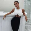 Women's Black Sexy Sleeveless Hollow O-neck Waist Mesh Patchwork Celebrity Party Bandage Jumpsuit 210527