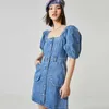 Minimalist Solid Denim Dress For Women Square Collar Puff Short Sleeve High Waist Patchwork Pockets Mini Dresses Female 210531