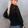 Mulheres preto laço blusa colete dois pedaços sets primavera turtleneck casual luva longa sexy oco out lace blouse tops conjuntos 210416