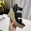 Designer womens fashion high-heeled sandals party sexy high-heeled shoes hemp rope woven thick soled authentic leather summer slope heel Sandals 10cm 35-41