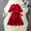 Arrivals Children Girls Dress Spring Summer Half Sleeve Cotton Lace Red Dress Girl Sashes Bow Princess Ball Gown Dress 210713