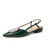Sianie Tianie Metal Deco Brand Dark Green YellowMeyles summer Summer Shoes Point Toe Slingback woman Sandalsサイズ33-43