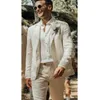 Beach Beige Linen Men Suits Slim Fit Summer Wedding Tuxedo for Groomsmen Casual Male Fashion Blazer with Pants 2 Pieces 2021 X0909