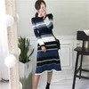 Zima Koreański Paski Sweter Dress Kobiety Rękaw Rękaw O-Neck Regeles Eleganckie Rocznika Mody Ladies Vestido 210518