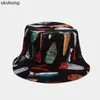 Dubbelsidig bärande mössa Visir Bucket Hat Men och Women Street Trend Tie-Dyed Ink Målningsmönster Fisherman Wide Brim Hats OLIV22