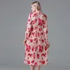 est Women Pink Print Flower Party Dress Summer Runway Bow Collar Long Sleeve Elastic waistline Pleated Dresses 210514