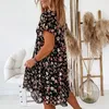 Casual Floral Print Summer Dress Ruffle Boho Loose Oversized Short O Neck Black Chiffon Clothing Women 210427